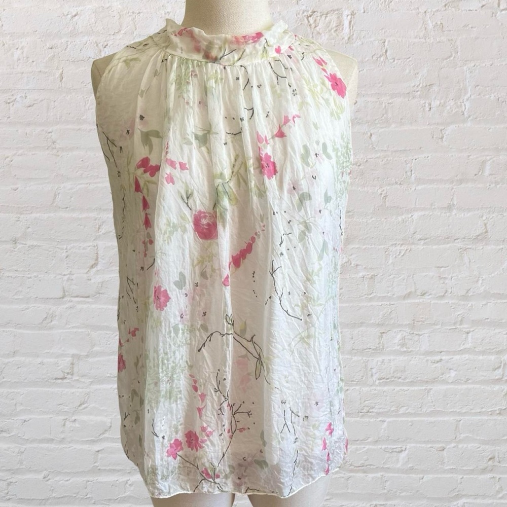 Elegant Floral Silk Sleeveless Blouse - White and Pink